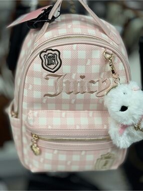Juicy Couture Pink & White Gingham Mini Backpack with Plush Charm